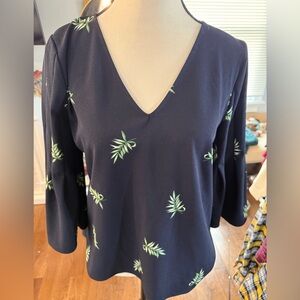 Ann Taylor Navy Top with Green Leaf Pattern